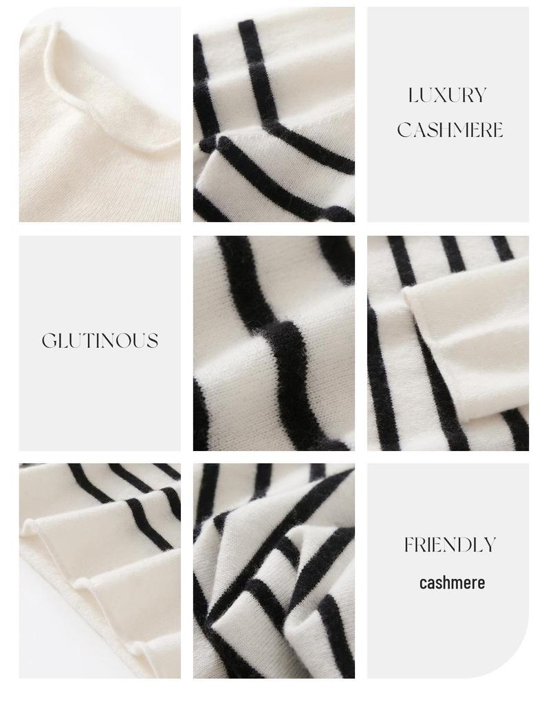 Women's Rolled Edge Striped Cashmere Sweater - Autumn/Winter Thin Knit, Loose Casual Wool Sweater