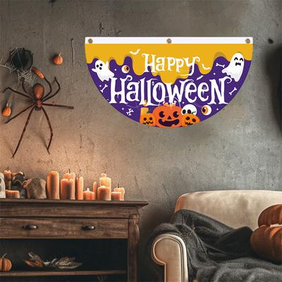 Halloween Bunting Flag Witch Bat Half Round Fan Banner for Spooky Indoor Outdoor Yard Decoration and Party Atmosphere