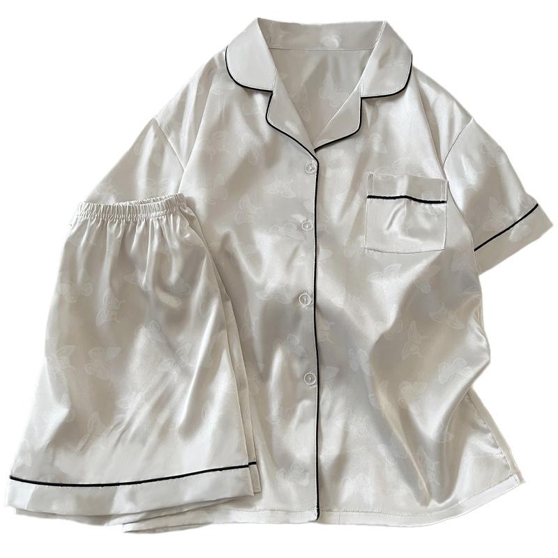 Butterfly Jacquard Wind Ice Silk Solid Color Simple Pajamas Women'S Summer Luxury Short-Sleeved Suit