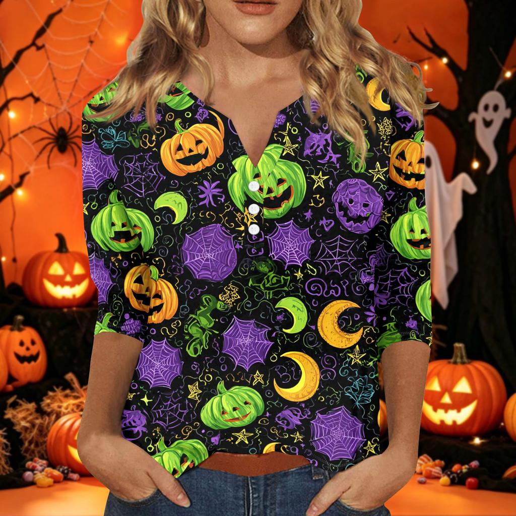 Women's Halloween Print V-Neck Short Sleeve T-Shirt with Decorative Buttons for Casual Fall Outfits