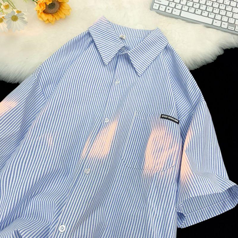 Korean Cityboy Stripe Versatile Casual Fashion Trend Classic Preppy Style Loose Premium Men's Shirt Short Sleeved Summer 2024