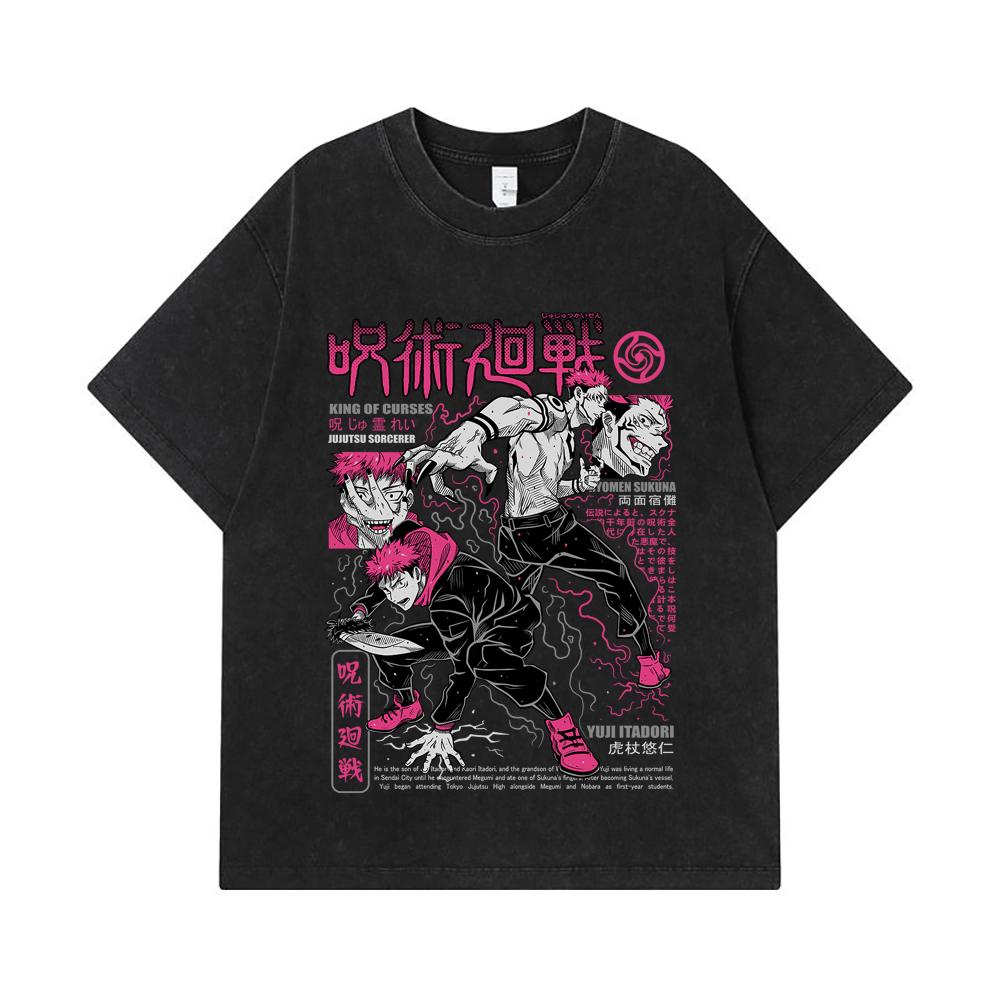 275 GSM Washed T-shirts 100% Cotton Jujutsu Kaisen V34 Yuji Sukuna Print Unisex Heavy Cotton T Shirt