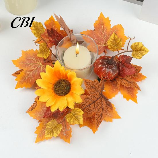 Pillar Candle Holder Autumn Fall Rings Wreaths, Artificial Maple Leaf Ring for Berry And Pumpkin Decor Holder, Thanksgiving Halloween Home Party Table