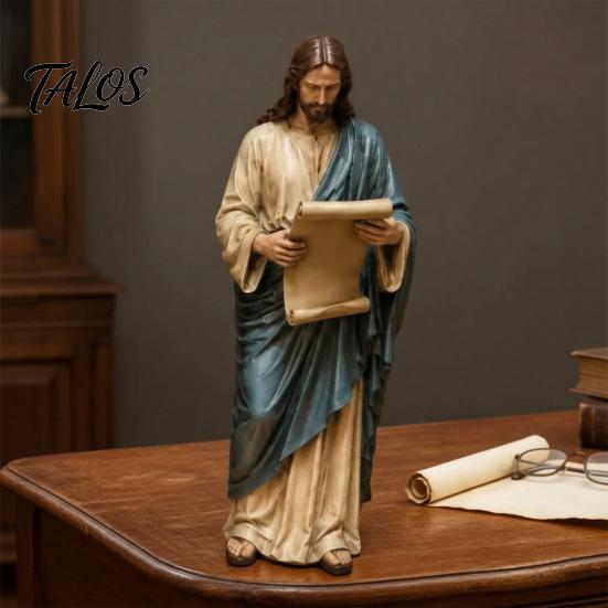 Minimalistische christliche Kunst Jesus liest Bücherregal Figur, Vintage Heilige Skulptur, Handbemalt Gesegnetes Tauf-Andenken Geschenke Harz Statue für Zuhause