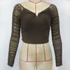 Spring and Autumn Women's Neckline Short Slim Mesh Long Sleeve Top