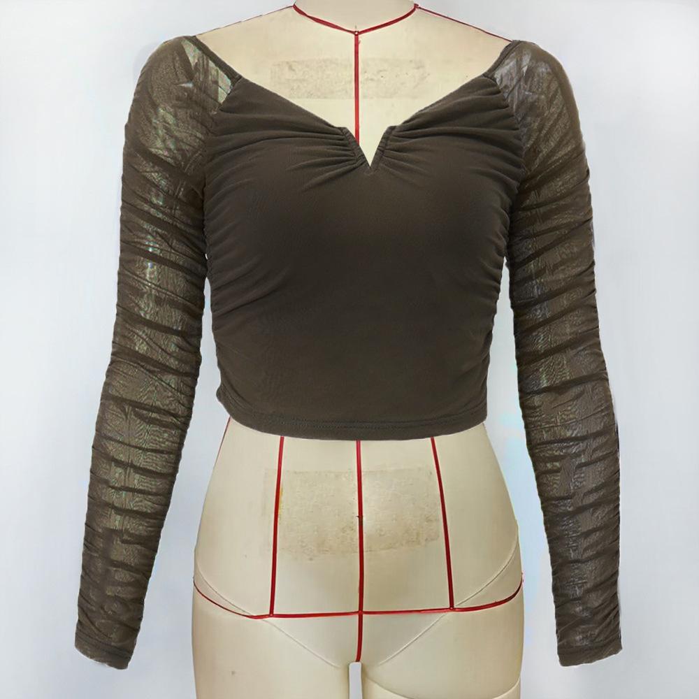 Spring and Autumn Women's Neckline Short Slim Mesh Long Sleeve Top