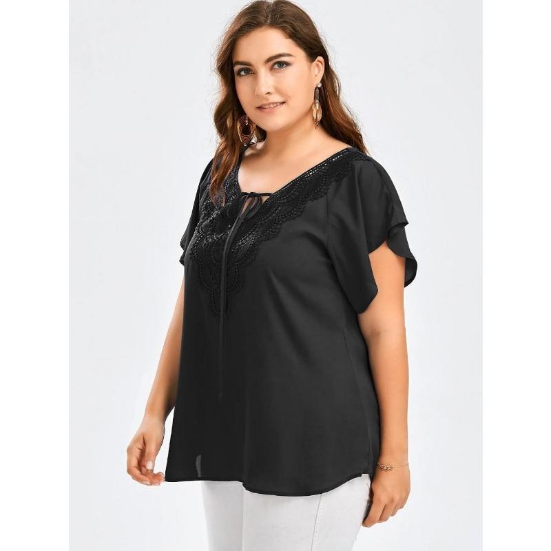 Lace V Neck Loose Women Blouse Large Size Lace-up Short Sleeve Shirts Ladies Solid Color Loose Sweet Office Elegant Fashion Simple Clothing
