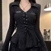 Conjunto Vintage Francés de Top de Manga Larga con Cuello en V y Falda Corta Ceñida a la Cintura para Mujer