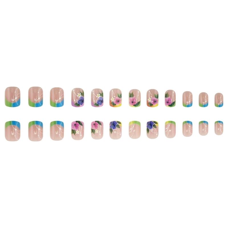 Square Press On Nail Flower Fake Nail Stick On Nail In 12 Sizes,24 Pcs French Nail Tips for DIY Nail Art Decorations