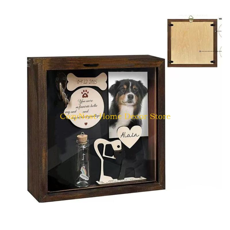 92MF Pet Memorial Gift Shadows Box Collar Holders Picture Frame Dog Wooden Sculpture Bottle Keepsakes Gift Wall Hangings