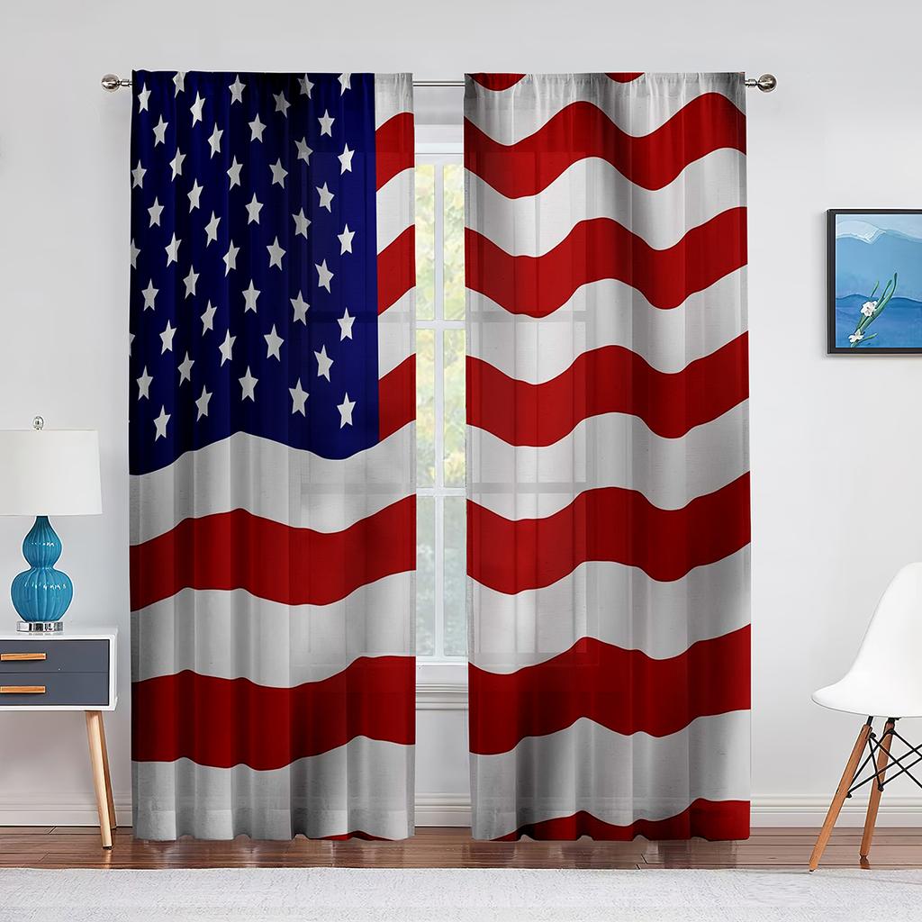 Tüllvorhang mit amerikanischer Flagge zum Unabhängigkeitstag für Schlafzimmer, Fensterdekoration, Wohnzimmer, USA-Streifen, Chiffon, transparente Vorhänge