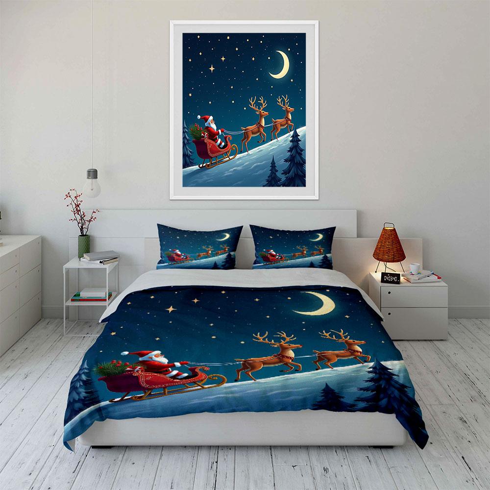 Santa Sleigh Ride with Reindeer Bedding Duvet Cover Set Duvet Cover Pillowcases (1*Duvet Cover 2*Pillowcases, without duvet insert)