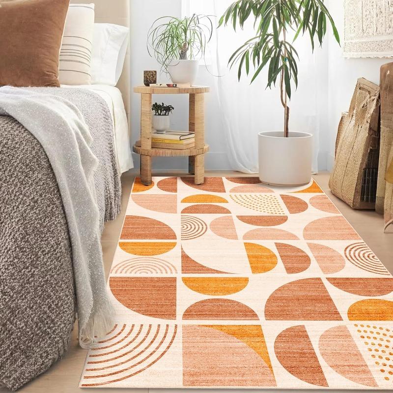 Boho Orange Area Rug – Machine Washable Non-Slip Abstract Carpet for Bedroom Living Room Entryway, Soft Indoor Bedside Mat
