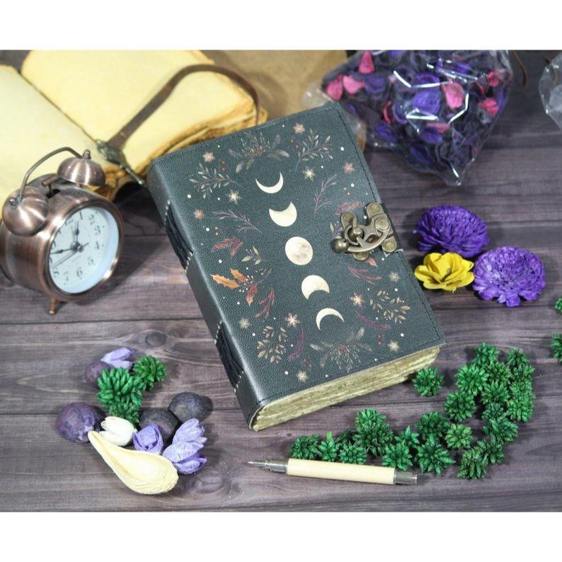 Moon Phases Leather Journal: Antique Deckle Edge Paper Grimoire