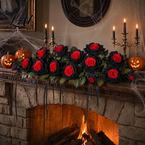 Decorative Faux Flowers Artificial Rose Flower Gothic Black Red Silk with Style Flower Decor Long Stem for Halloween Arrangement Home Wedding