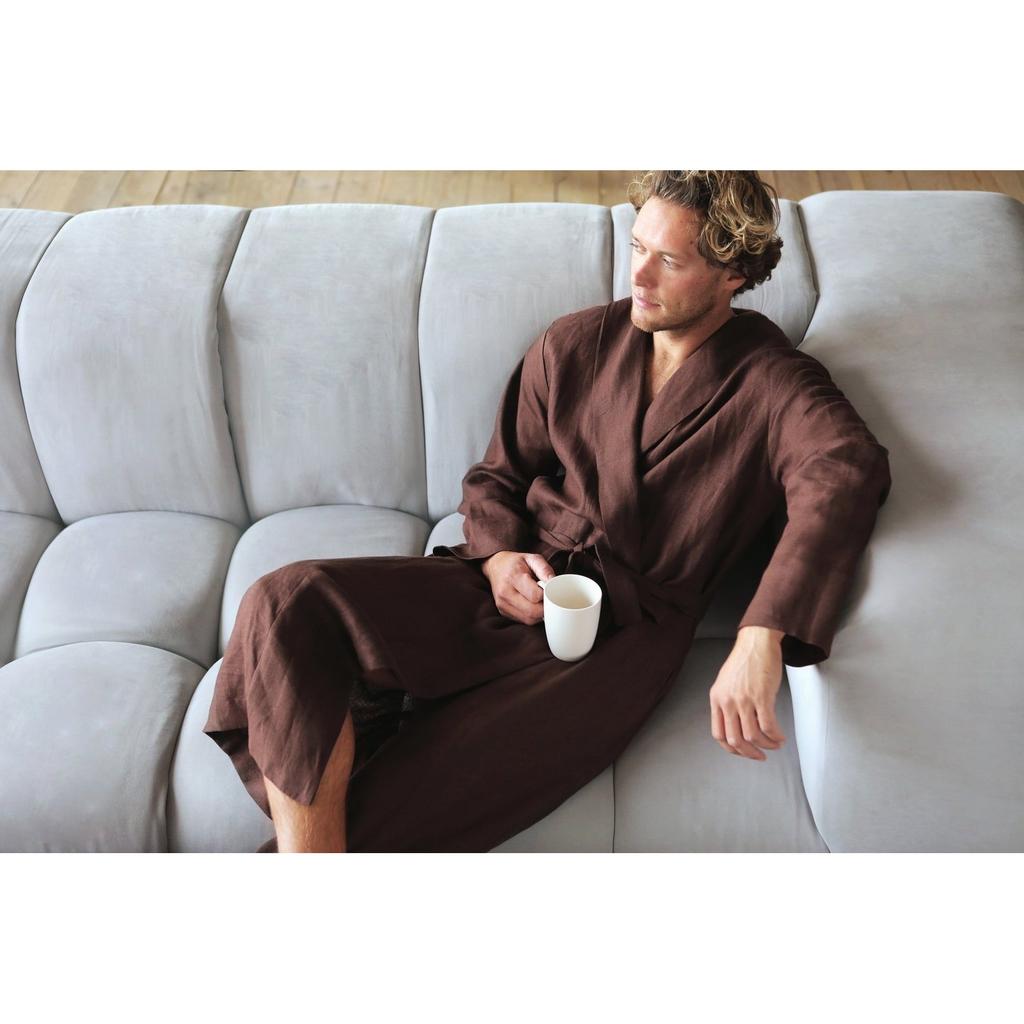 Linen Bath Robe with Belt Long Sleeve Side Pocket