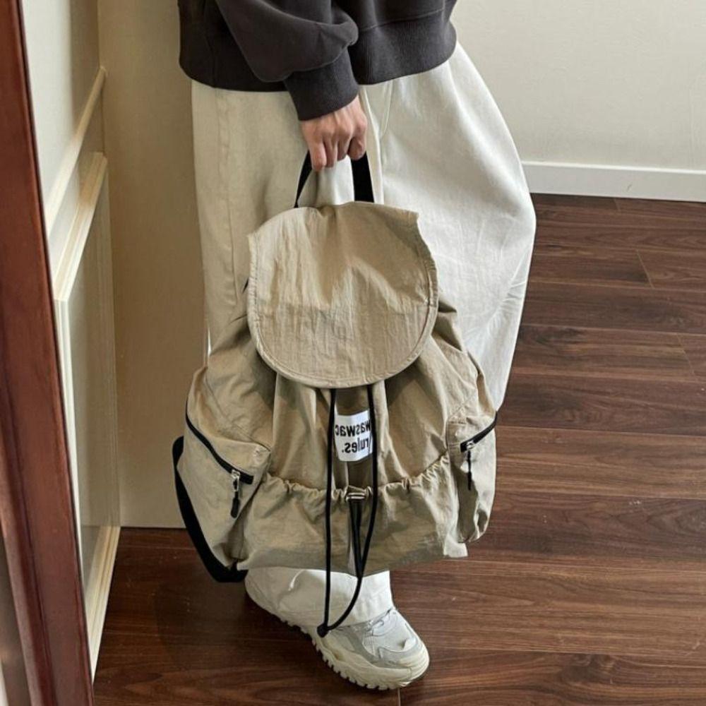 Solid Color Ruched Shoulder Bags Nylon Student Schoolbag Simple Drawsting Backpacks  Outdoor