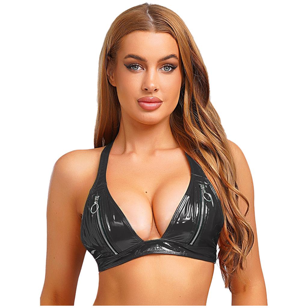Womens Patent Leather Bralette O-Ring Y Back Zipper Front No Pad Cup Crop Top Clubwear Disco Top