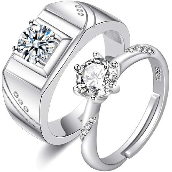 Uloveido 2 pcs Adjustable His and Hers Engagement Ring Set Puzzle Matching Heart Wedding Bands Couples Gifts LB018 Y848-Silver