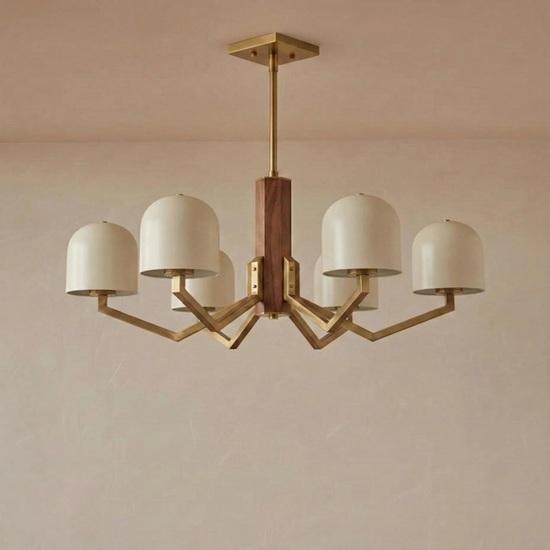 

Mid Century Modern Chandelier, Brass and Walnut Wood Pendant Light, White Dome Shade Ceiling Fixture, Dining Room Lighting, Home Decor