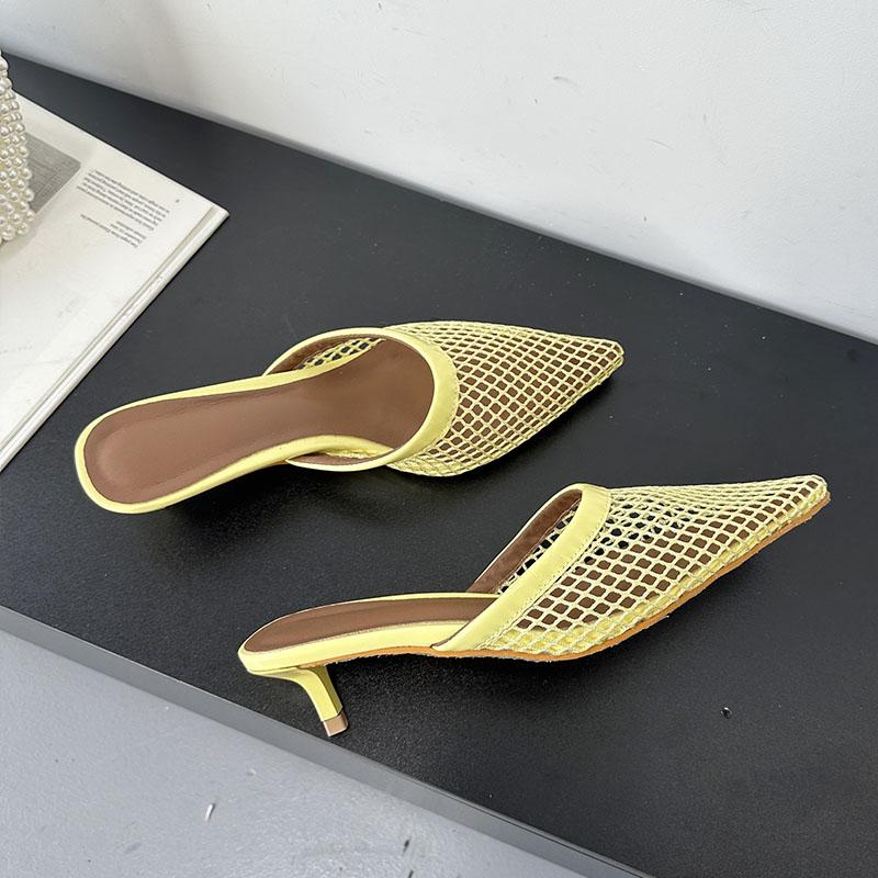 Fashion Pointed Toe Fashion Mesh Women Heeled Slippers Shoes Mules Ladies Low Heel Slippers Female Slides Sandals Pumps Big Size 43