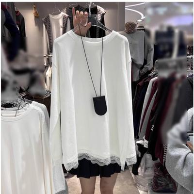 Winter Koreanischer Rundhals Plus Samt Locker Weißes T-Shirt Spitze Basisshirt