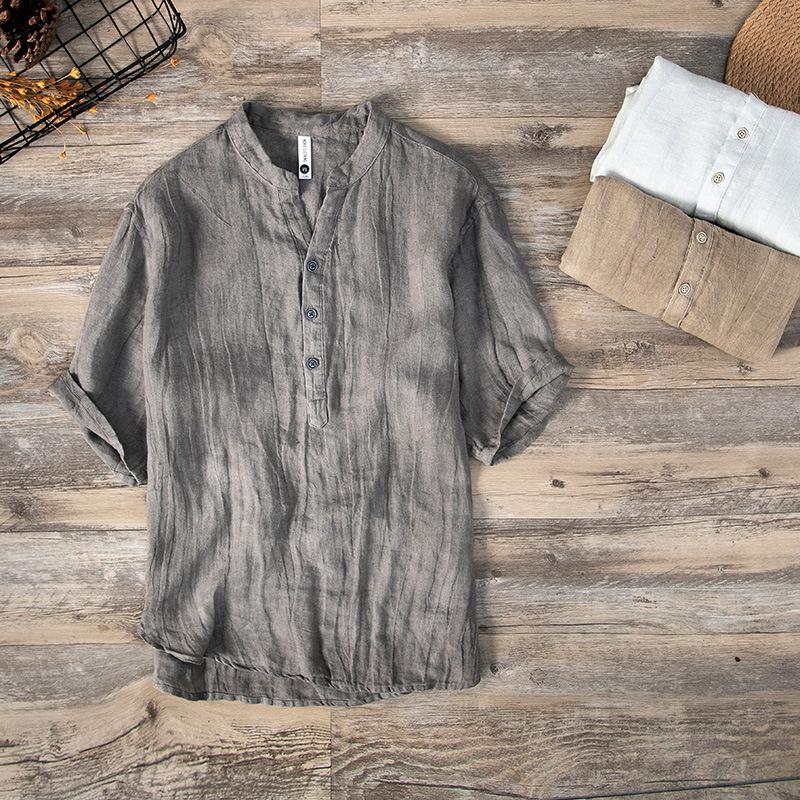 Herren Plus Size Kurzarm Leinen V-Ausschnitt Retro Atmungsaktiv Unifarben T-Shirt