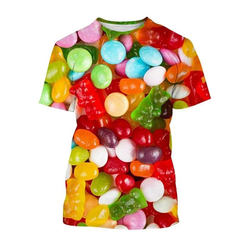 Candy 3D Printed Short Sleeved T-shirt Summer Breathable Polyester Simple Round Neck Top