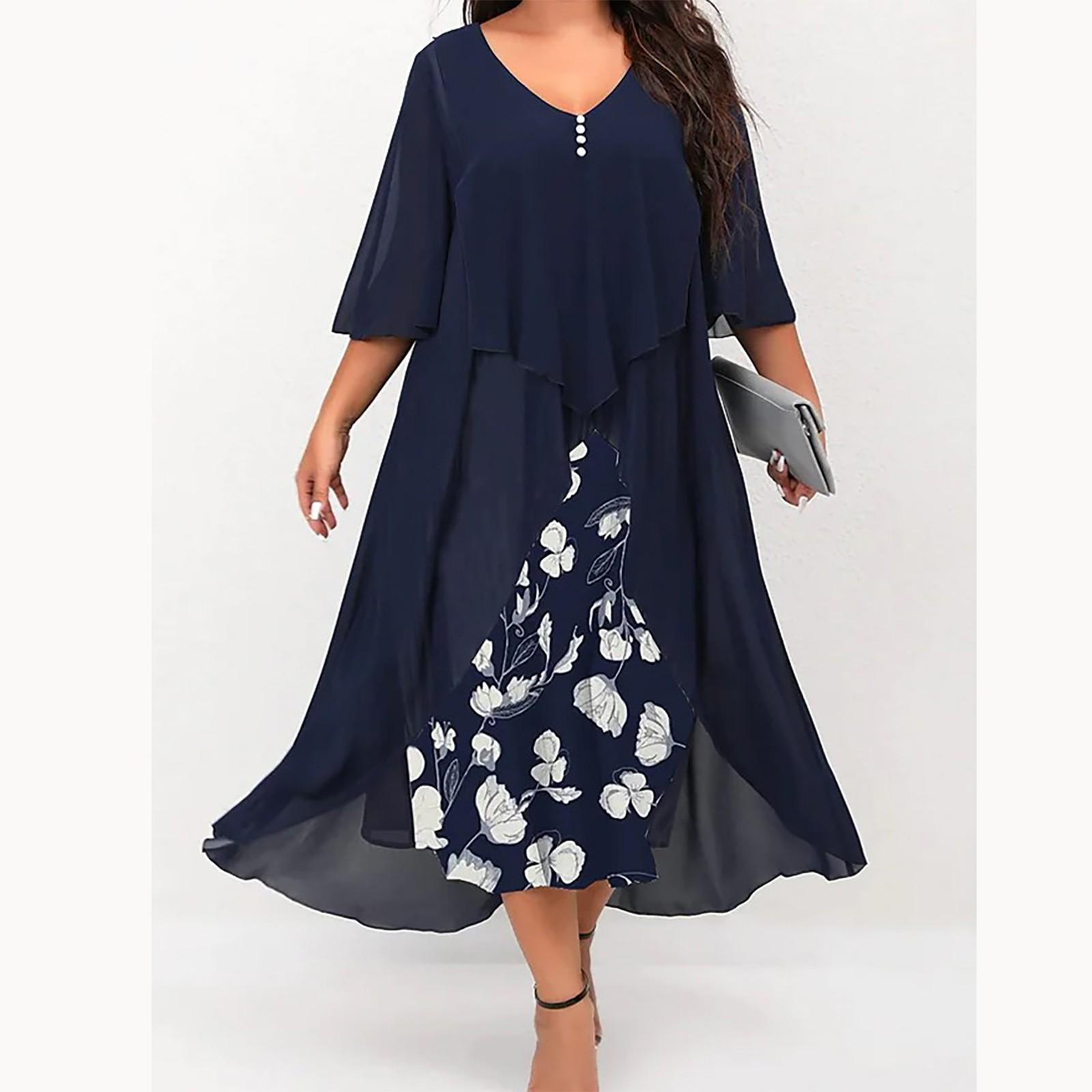 

Женское повседневное шифоновое лоскутное платье с принтом из двух частей с круглым вырезом и средними рукавами M тёмно-синий