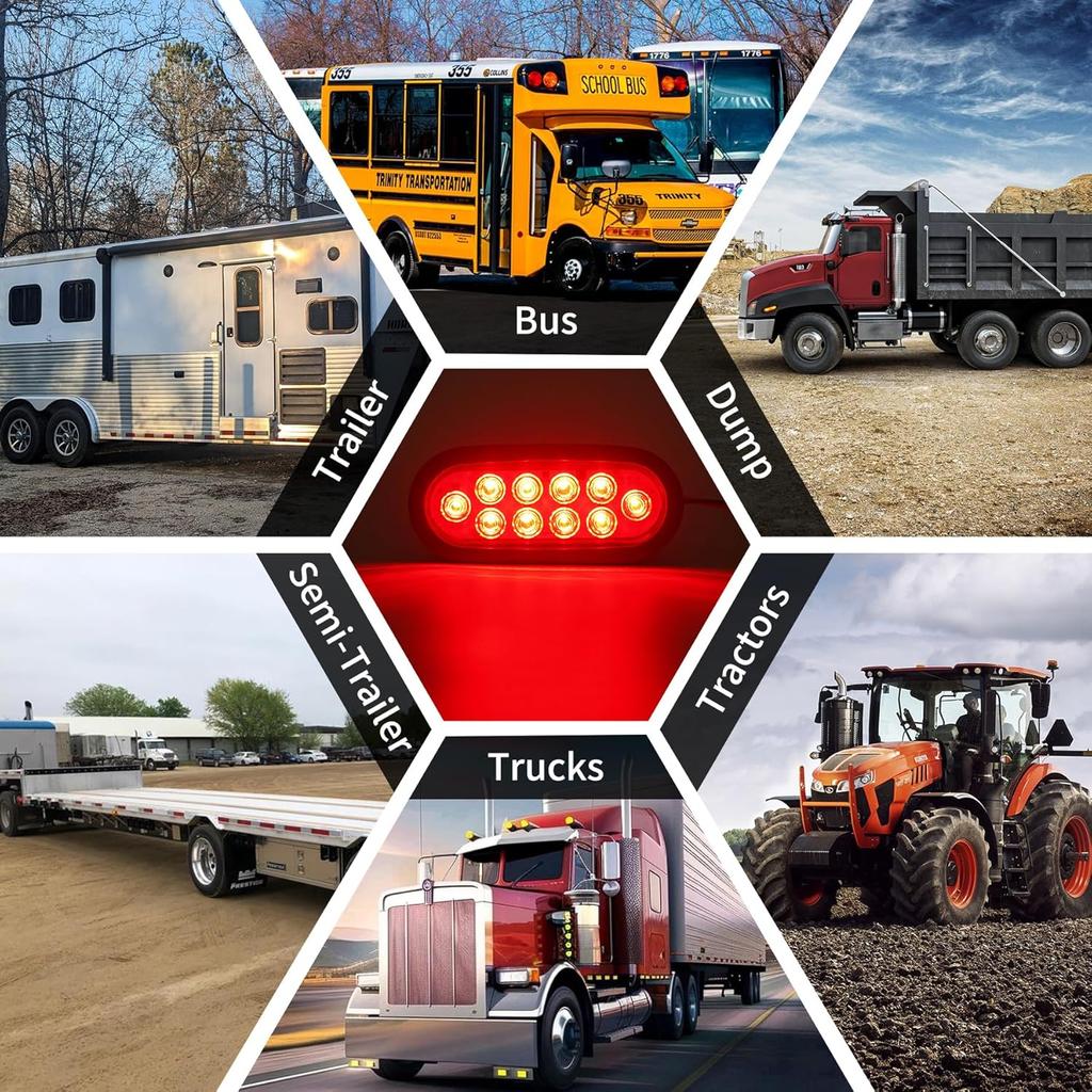 2PCS 6 Inch Oval Red LED Trailer Tail Lights, 10 LEDs Stop/Turn/Brake Lights With Surface Mount Grommets, DOT Certified IP67 Waterproof For Truck RV