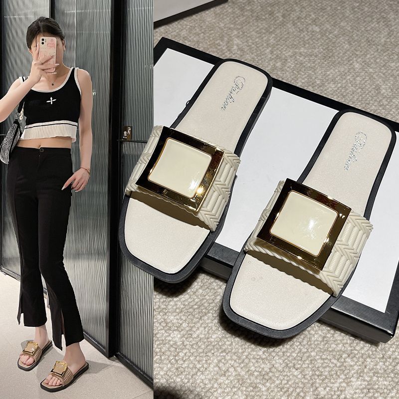 Woven Strap Lightweight Slip On Women Sandals Flat Open Toe Casual Summer Slides Comfortable Outdoor Footwear