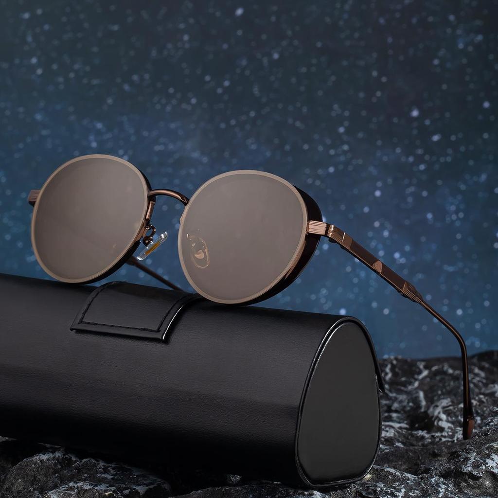 Trendiga runda steampunk-solglasögon för män med UV-skydd