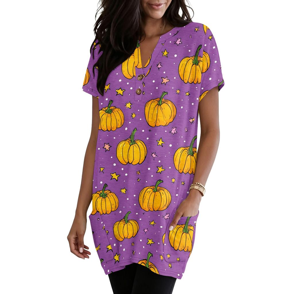 Women's V Neck Pullover Dress Halloween Print Short Sleeve Pocket Casual Loose Fit Tunic Dress