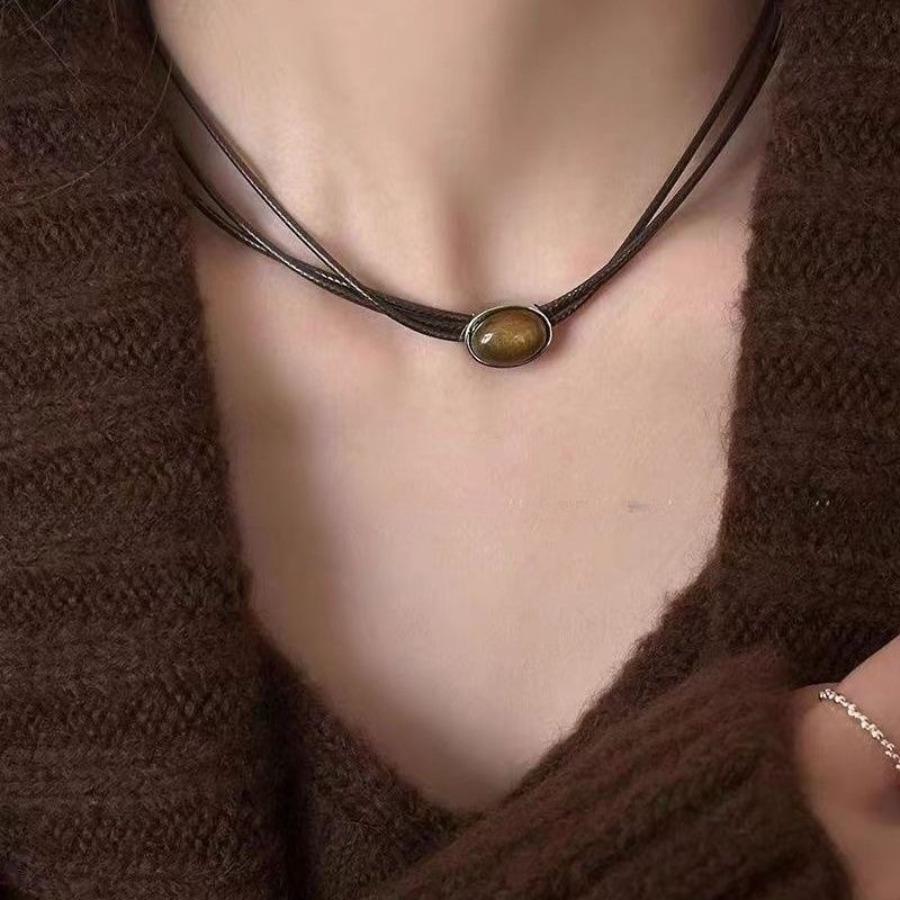 Tiger's Eye Stone Necklace for Women, Vintage Temperament Sweater Chain, Light Luxury Niche Layering Chinese Style Collarbone Chain