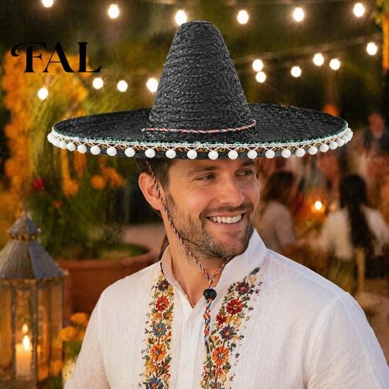 Kapelusz Wakacyjny dla Dorosłych Meksykańskie Sombrero z Kolorowymi Pomponami, Pleciony Słomkowy Kapelusz Słoneczny w Stylu Hawajskim, Szerokie Rondo, Lekki, na Imprezę Kostiumową Halloween