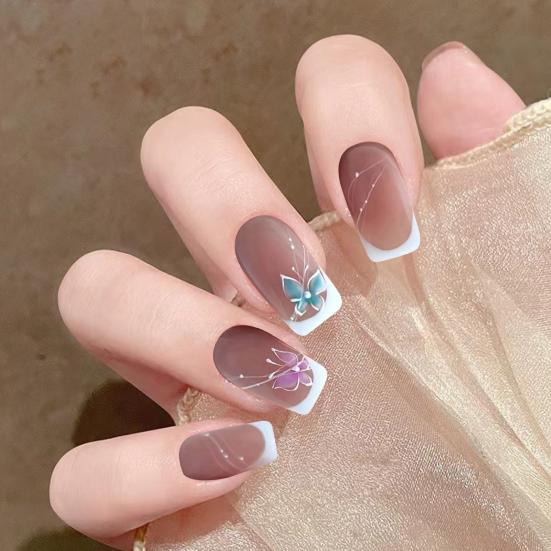 24 Bucăți Unghii False Fluture French Pătrat Lung Extensie Unghii Detașabile Acasă Salon Femei Fete Acoperire Completă Plastic Apasă pe Unghii Kit