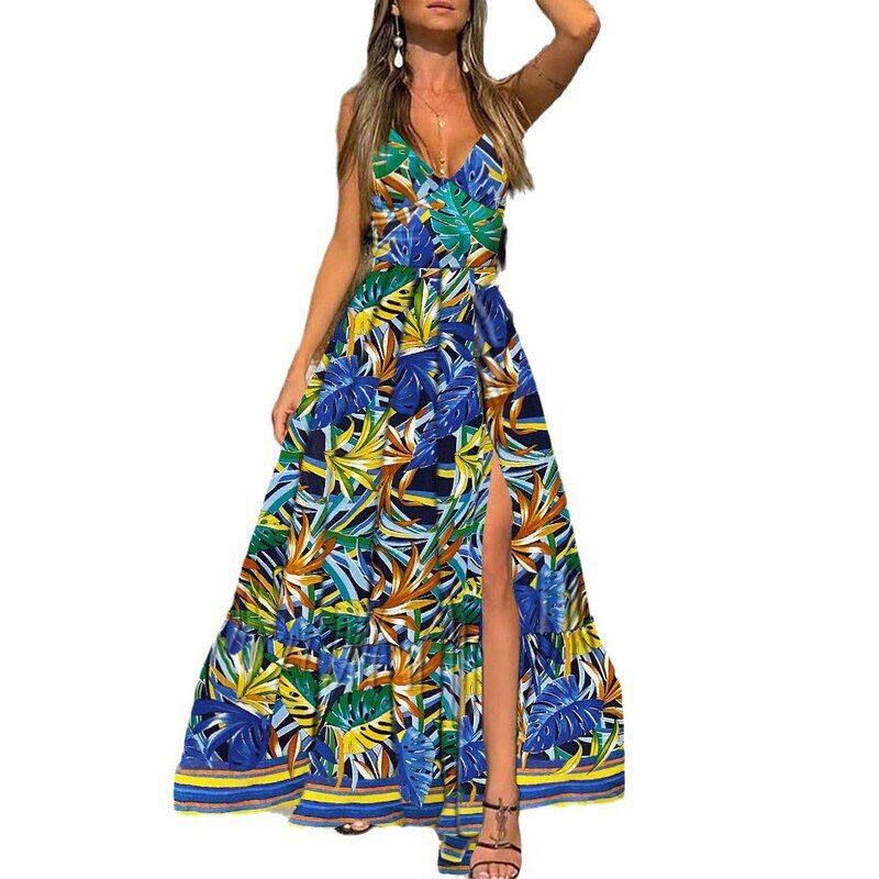 2025 Cross-Border Summer New European and American Women's Fashion Sexy Deep V-Neck Strap Dress Printed Sleeveless Slit Long Dress