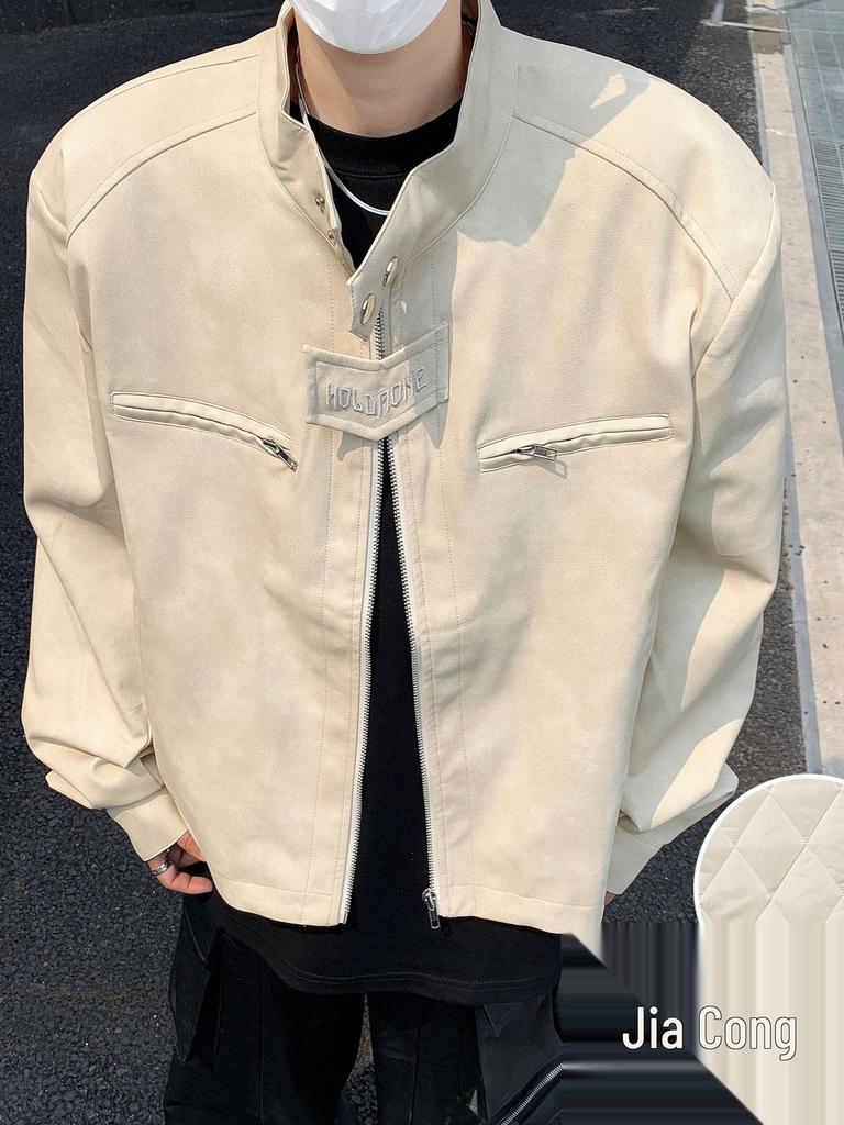 Men's Trendy Stand Collar Leather Jacket - High-End Feel, Loose Fit, Solid Color, Padded, Casual & Versatile
