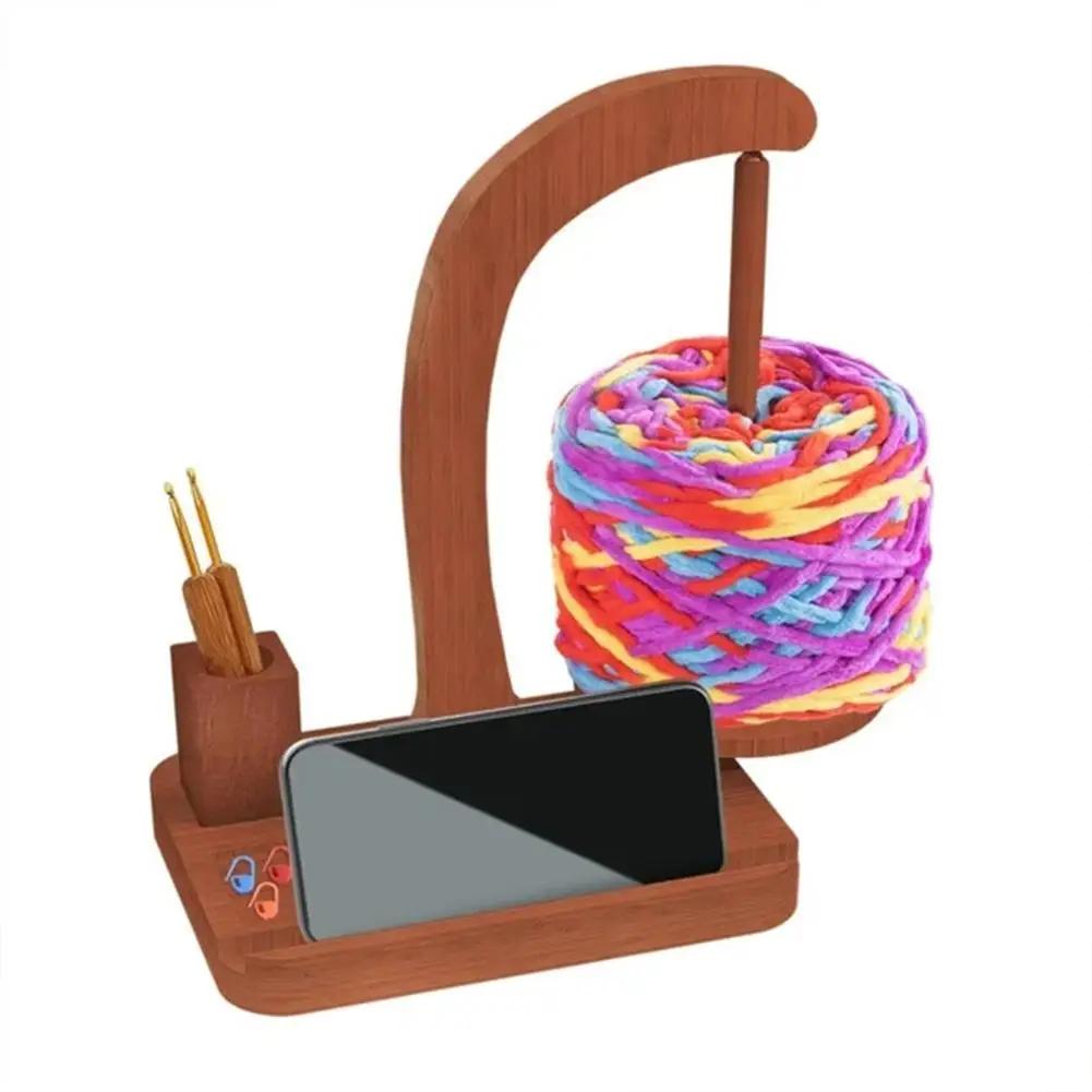 Yarn Holder Wooden Yarn Turntable With Crochet Accessories Storage And Phone Holder Yarn Ball Holder for Knitting Lover W0E7