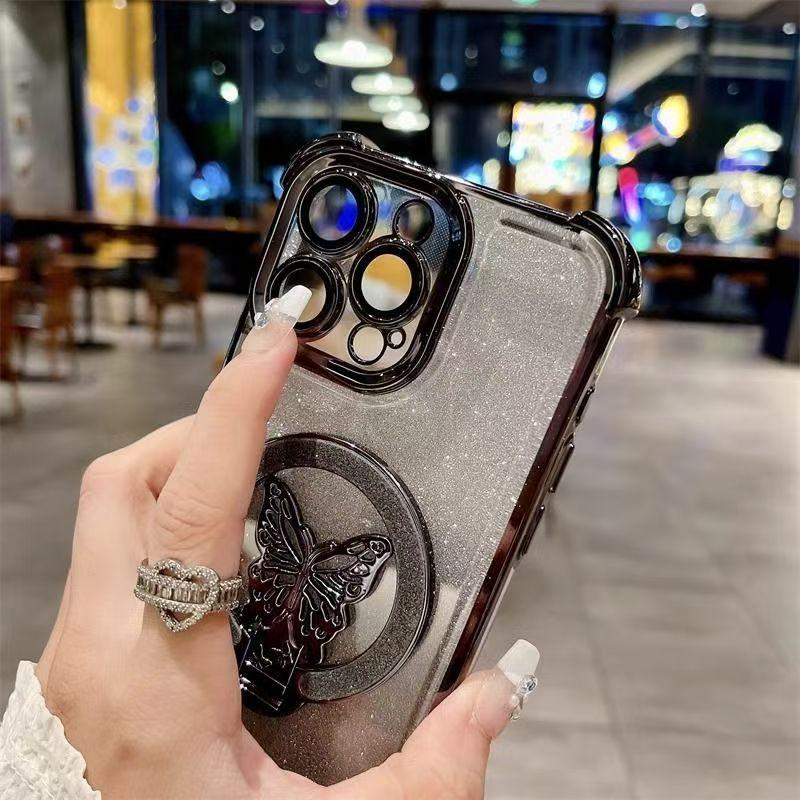 Luxusní magnetický držák ve tvaru motýla s glitry, stojánek, pouzdro na telefon pro iPhone 17 11 13 14 12 15 16 Pro Max Plus 17 Air, měkký kryt s pokovením
