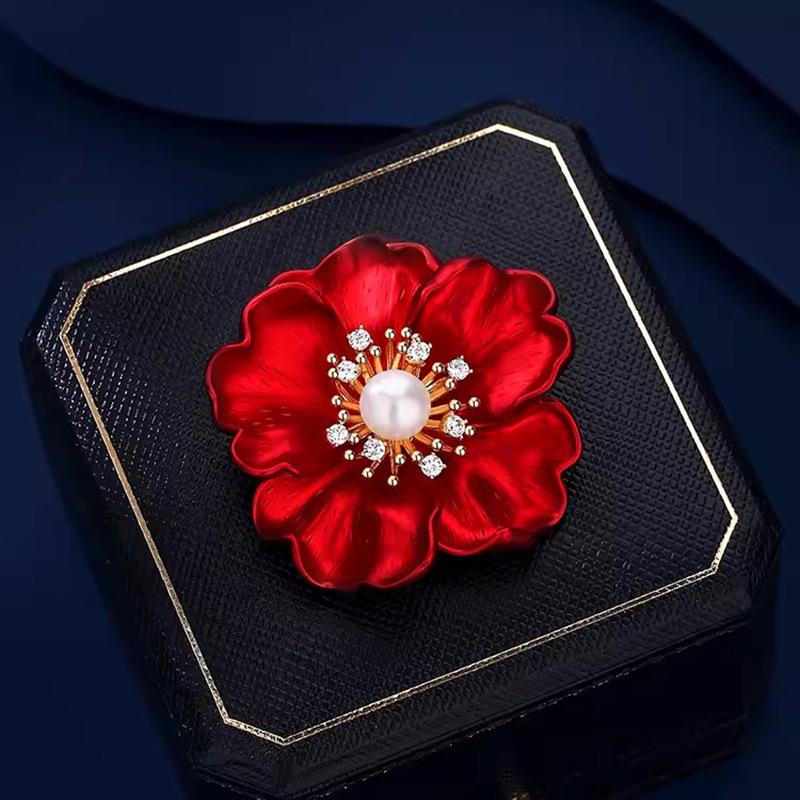 Elegant Chinese Red Peony Pearl Brooch for Women's Coats