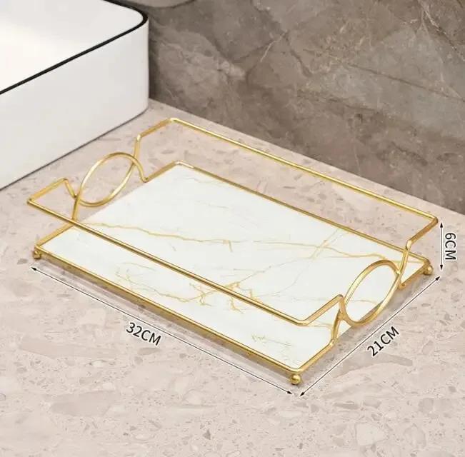 Lüks banyo rafı sondaj olmadan demir duvar rafı mermer tarzı cam tabak makyaj kutusu raf banyo aksesuarları
