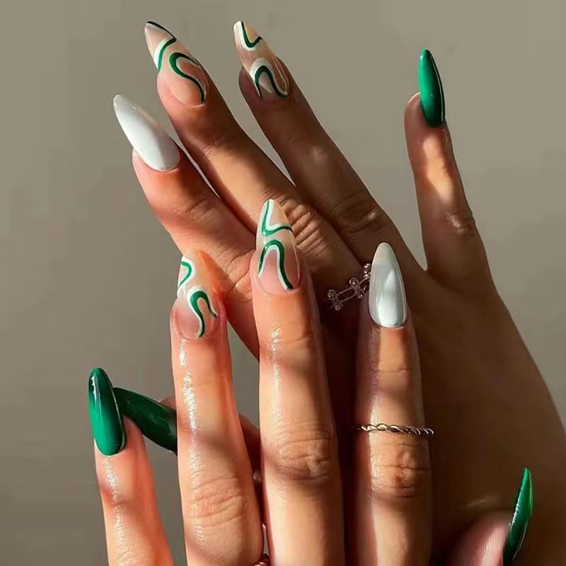 Reusable Press-On Nails With Green Line Design Almond Shape Minimalist Style Gel Glue Or Jelly Adhesive