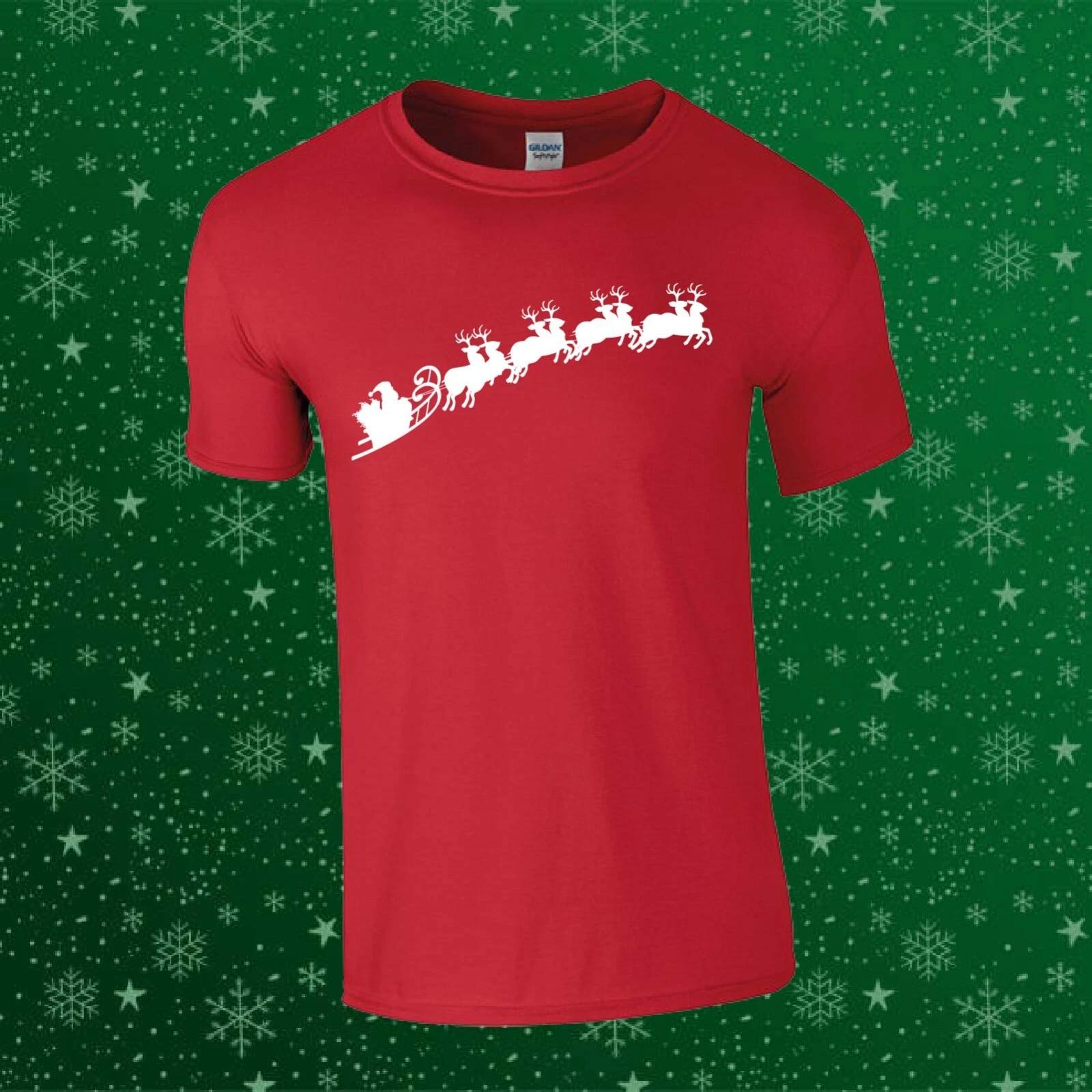 Santa On Sleigh Reindeer Christmas Xmas Gift Unisex Kids/Adults Top T-shirt L