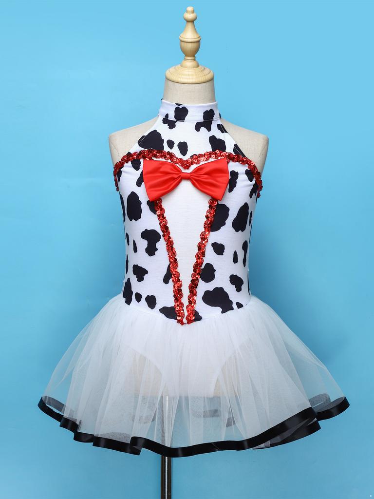 Kinderen Dalmatische Tutu Kostuum Mouwloos Strikje Pailletten Ruguitsnijding Gaas Pofmouw Jurk en Ingebouwde Kruisknopen Slipje