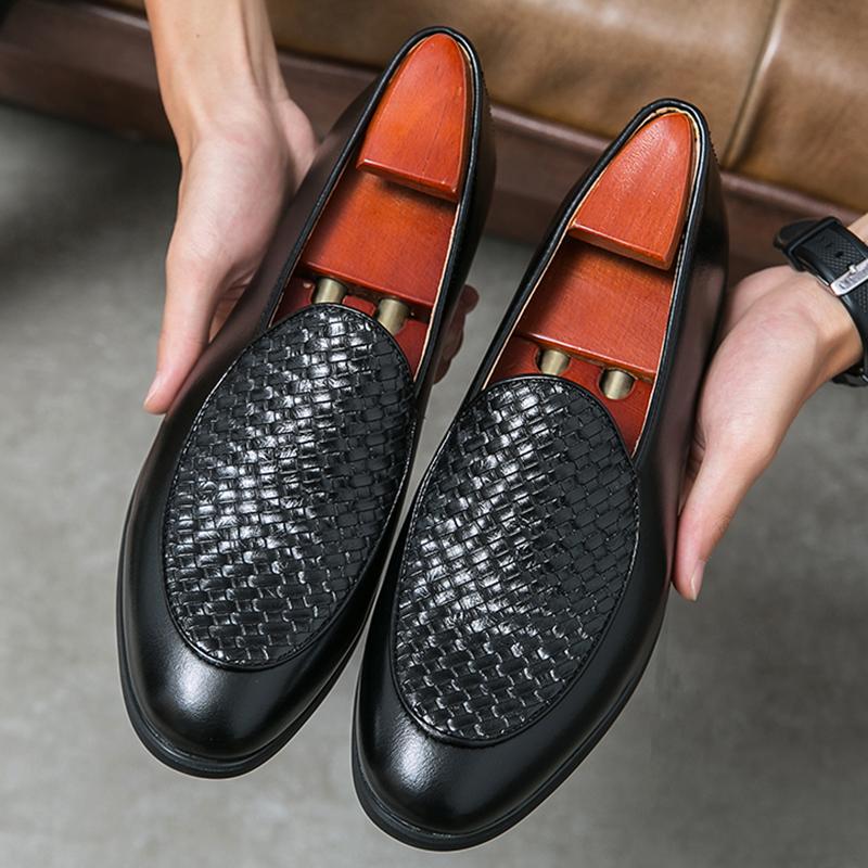 New Italy Designer Knit Pattern Leather Driving Shoes For Men Dress Evening Wedding Office Footwear Prom Sapato Social Masculino