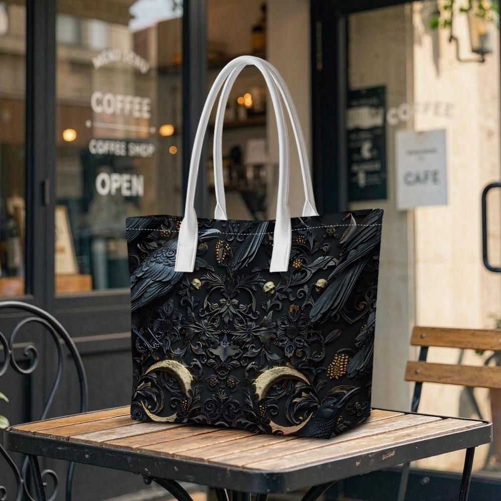 Gothic Dark Crow Moon Pattern Tote Bag Exquisite Daily Carryall Stylish Casual Shoulder Bag
