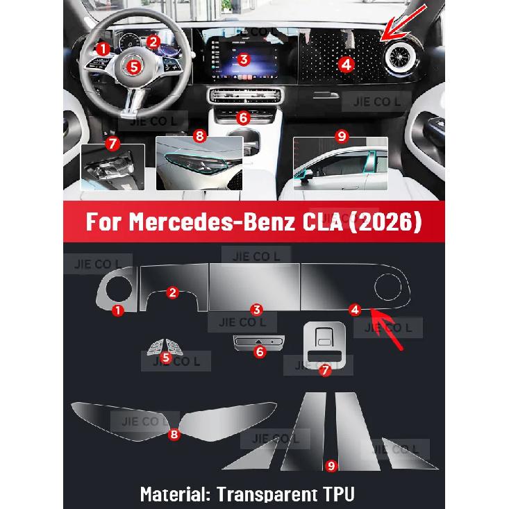 Pro Mercedes Benz CLA 2026 Nová Energie Ochranná fólie na středovou konzoli, palubní desku a navigaci proti poškrábání z TPU