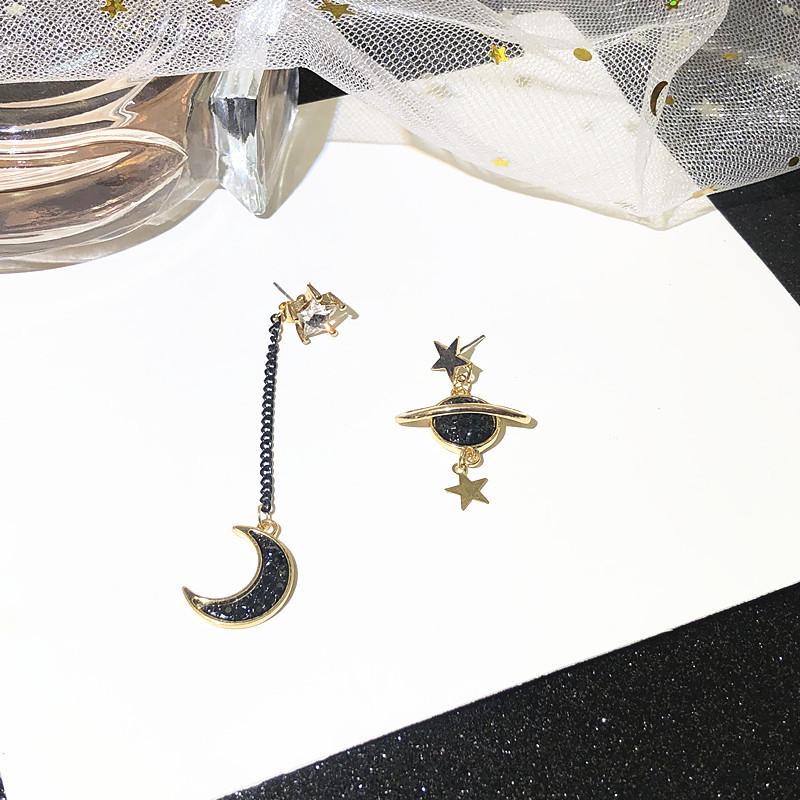 Asymmetrical Moon Star Dangle Earrings for Women Black Rhinestone Lovely Small Chic Girls Ear Accessories new in