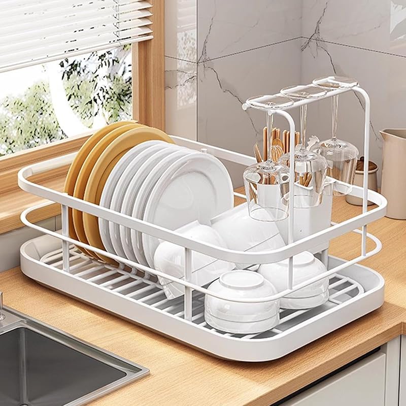 Kitchen Counter Dish Drying Rack,Stainless Steel Dishes Drainer with Cup Holder Utensil Holder,Space-Saving Dish Rack,Removable Plastic Drainer 34x26cm(13.4x14.2in) белый